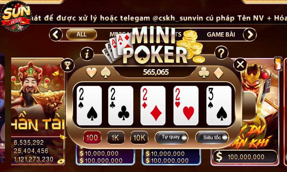 Tham gia chơi Mini poker tai cổng game Sunwin rinh thưởng khủng